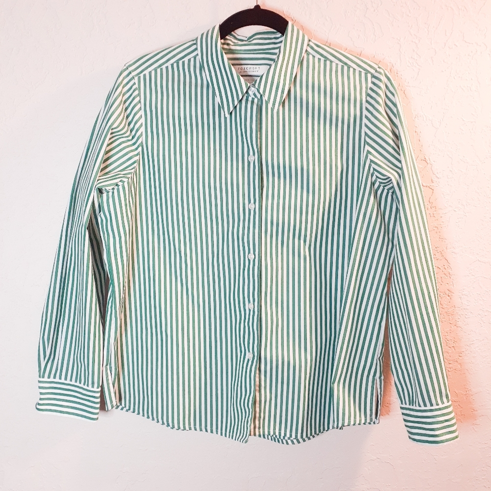 Foxcroft For Appleseed Green Stripe Button Up Blouse Petite Size 12P